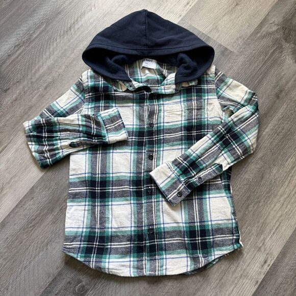 Plaid Flannel Button Down Hooded Shirt  Navy Teal White Large - Picture 3 of 8